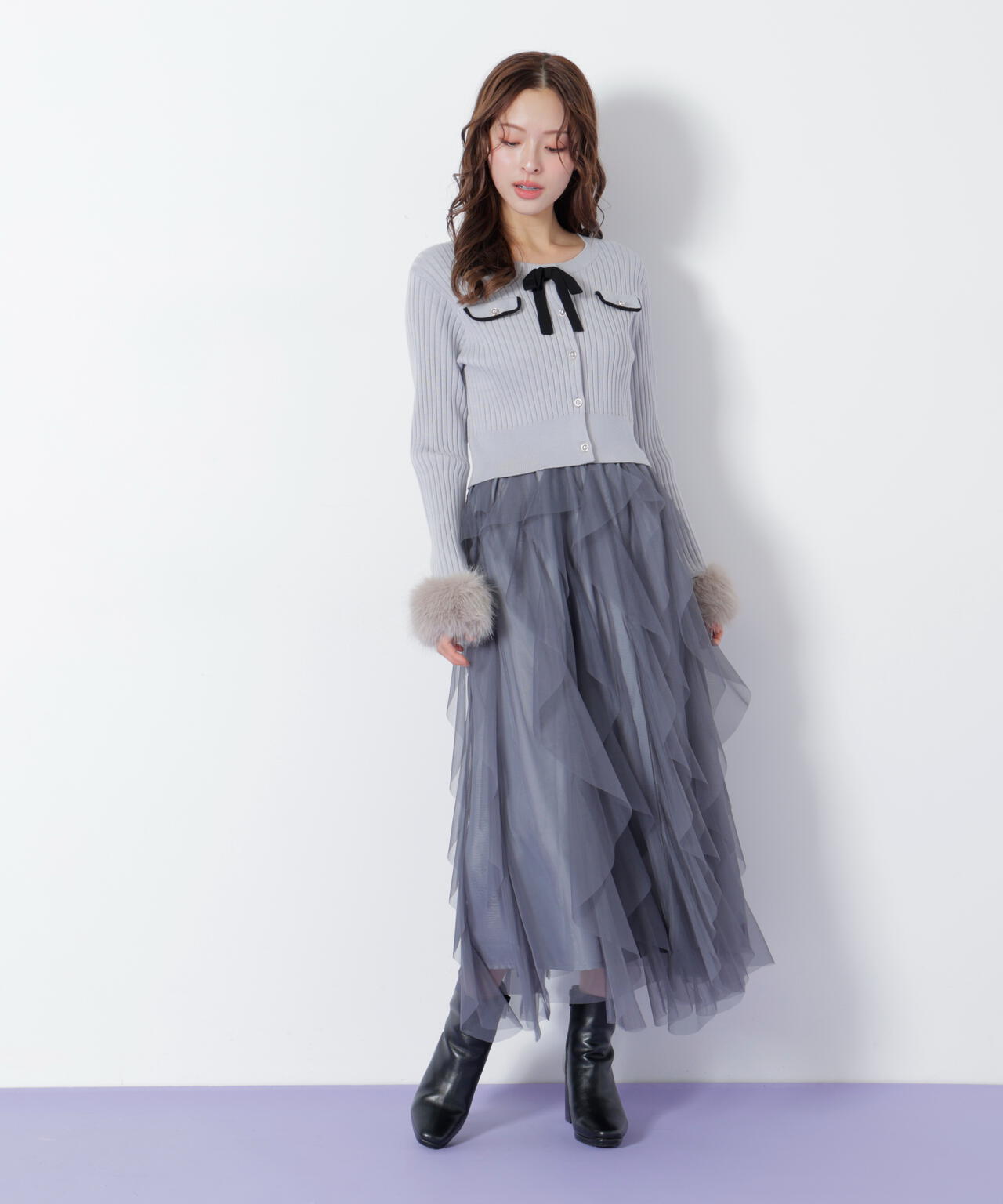 縦ラッフルチュールスカート