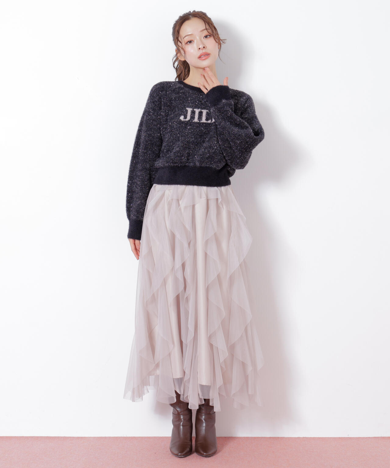 縦ラッフルチュールスカート