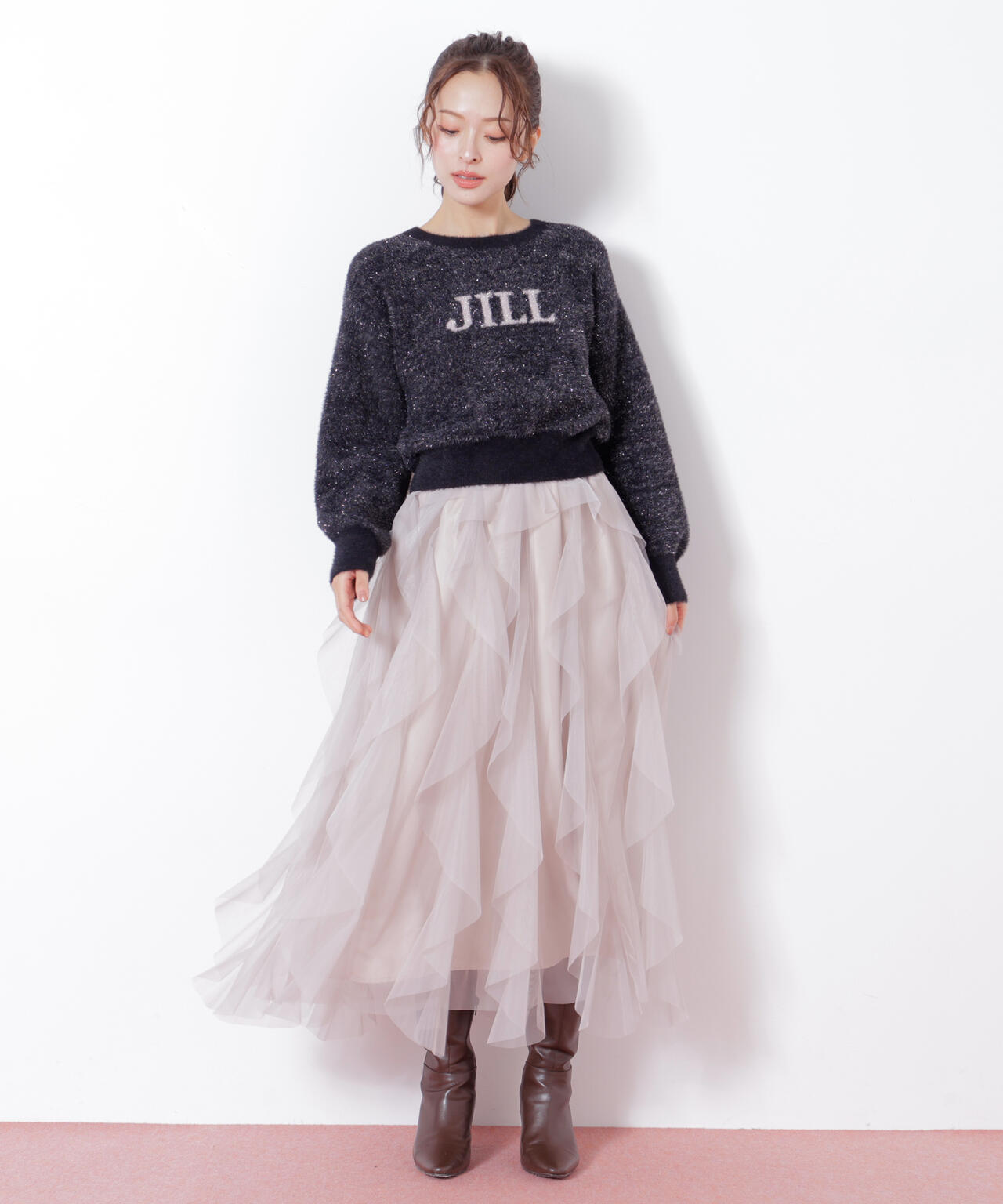 縦ラッフルチュールスカート