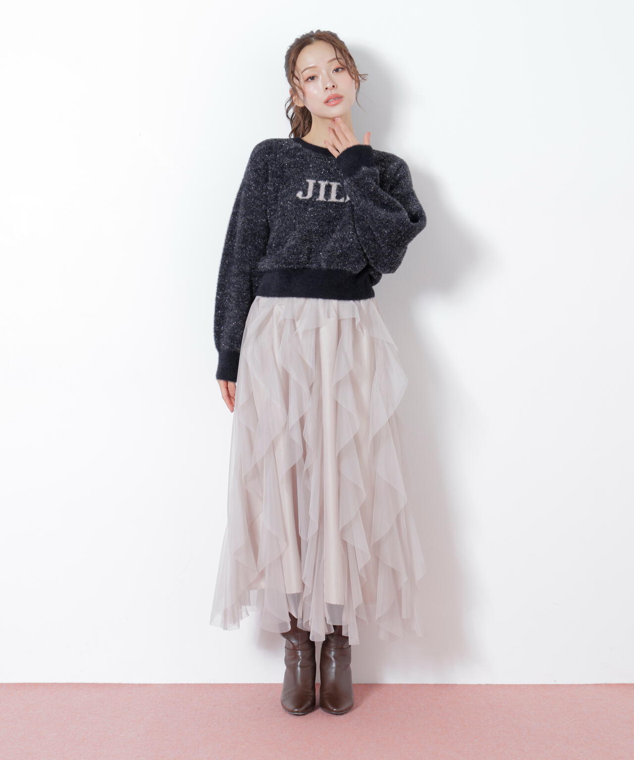 縦ラッフルチュールスカート