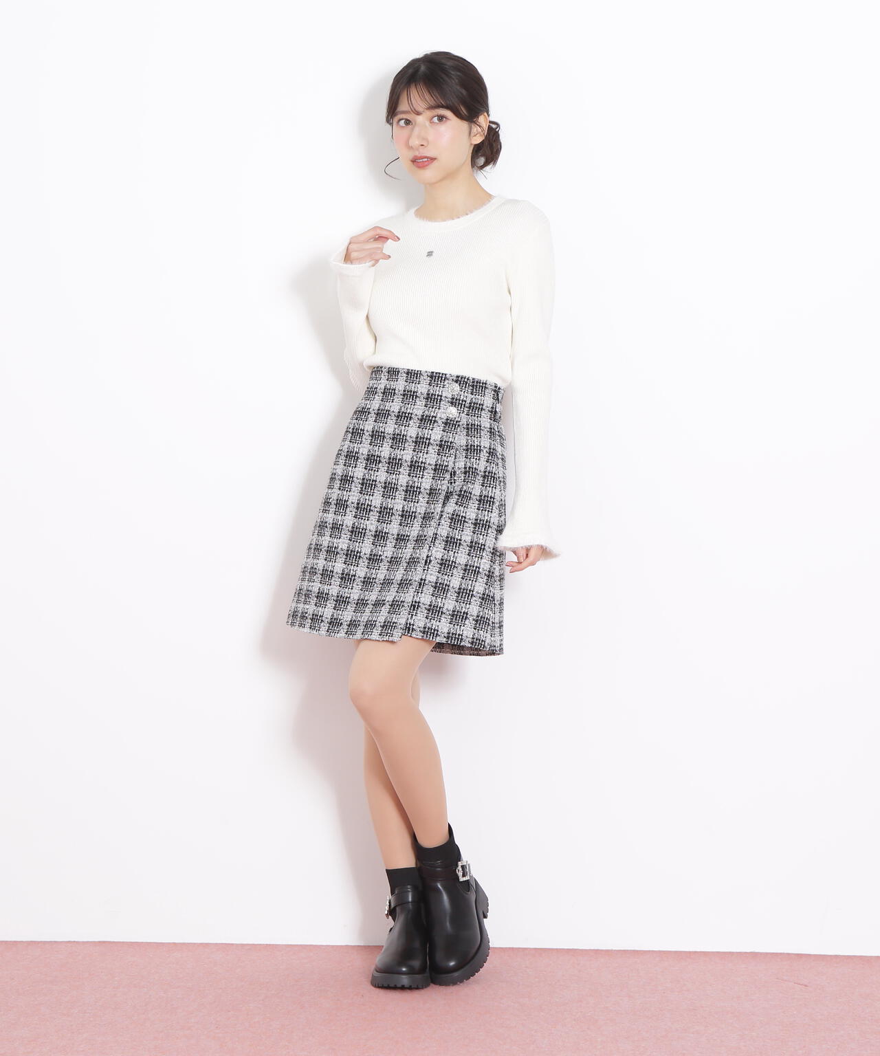 ツィードチェックビジュー釦ミニスカート