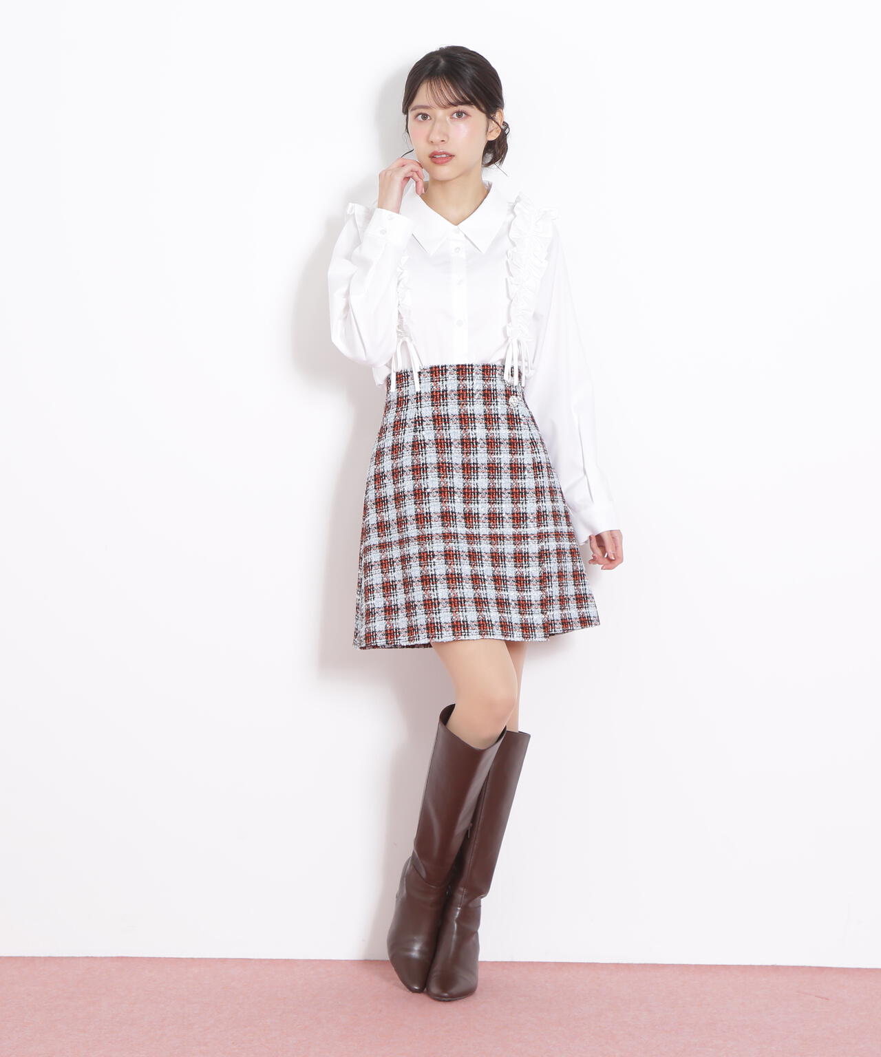 ツィードチェックビジュー釦ミニスカート