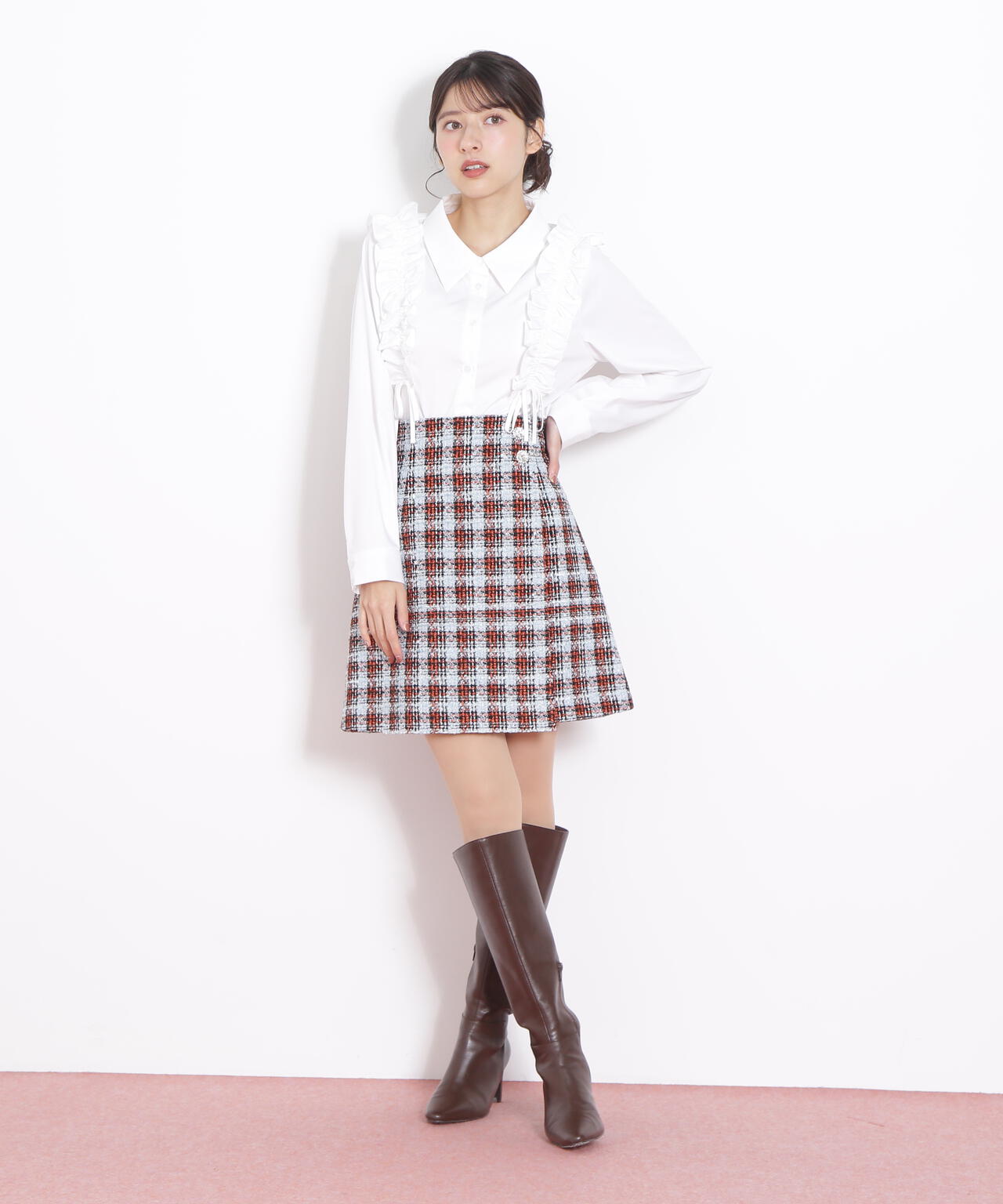ツィードチェックビジュー釦ミニスカート