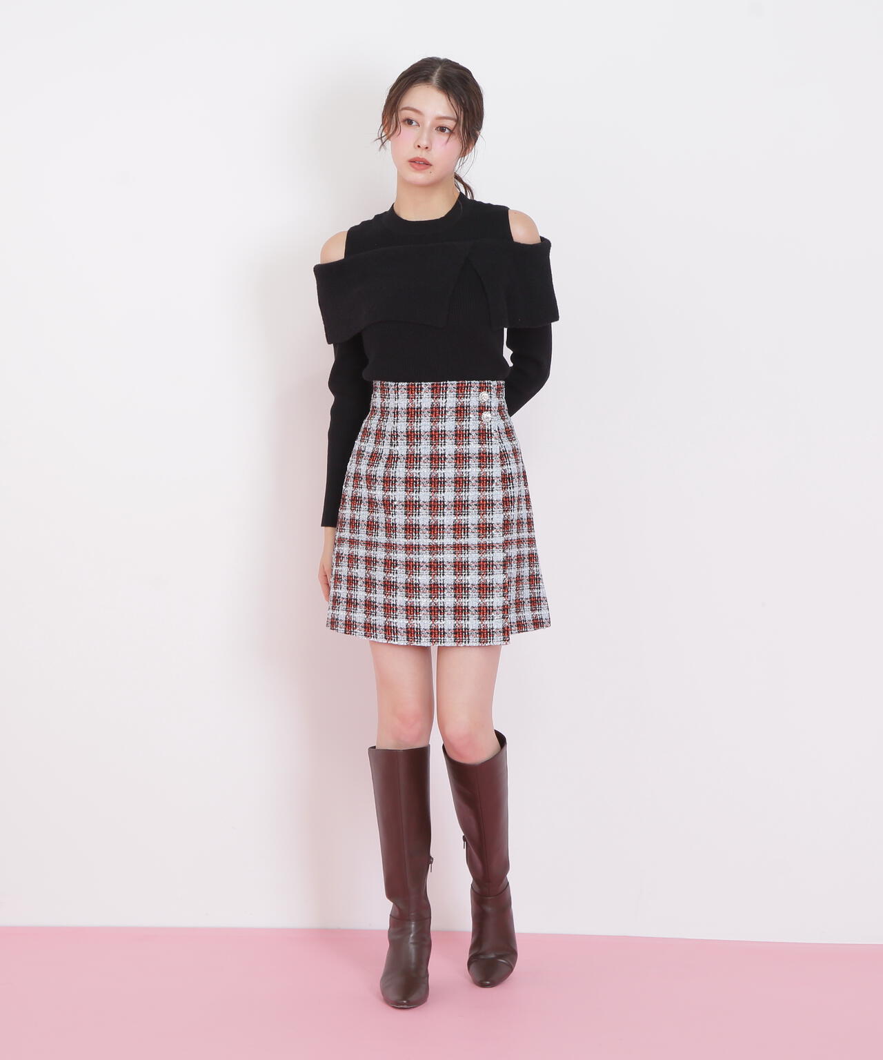 ツィードチェックビジュー釦ミニスカート