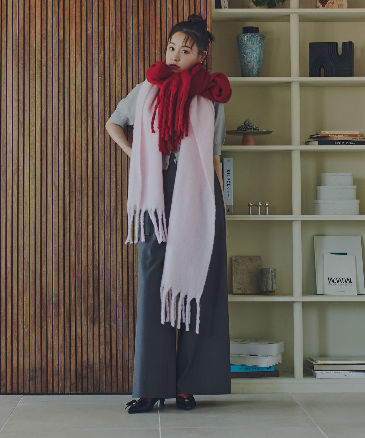 細ベルト付きワイドパンツ