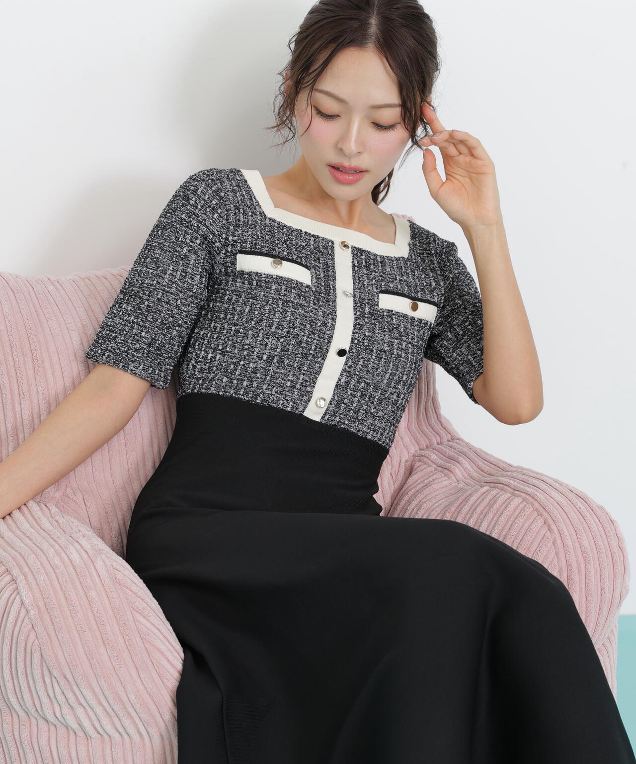 ミックスツイード切替ニットワンピース