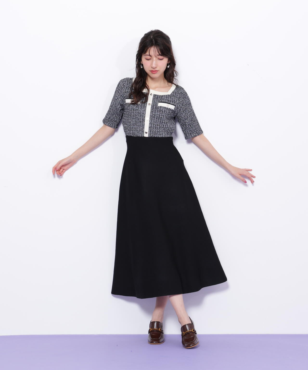 ミックスツイード切替ニットワンピース