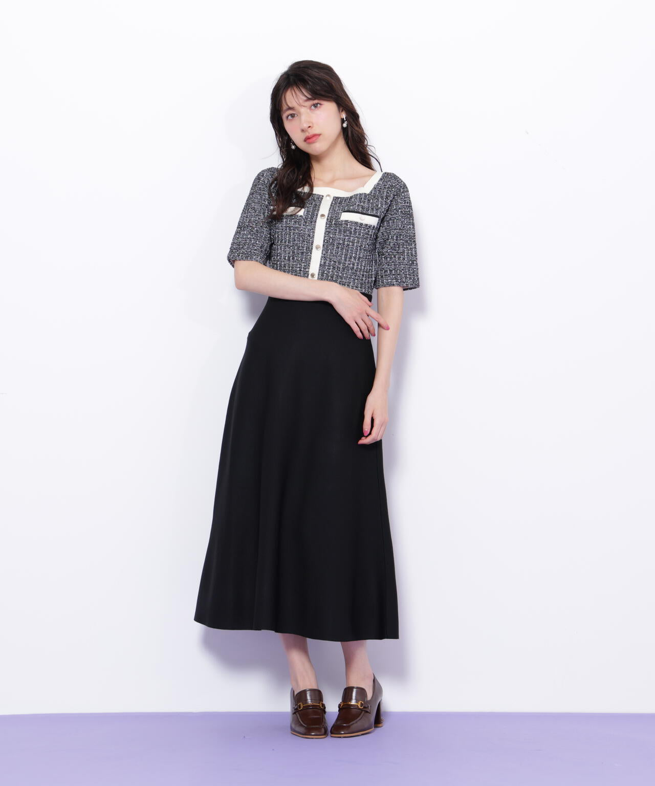 ミックスツイード切替ニットワンピース