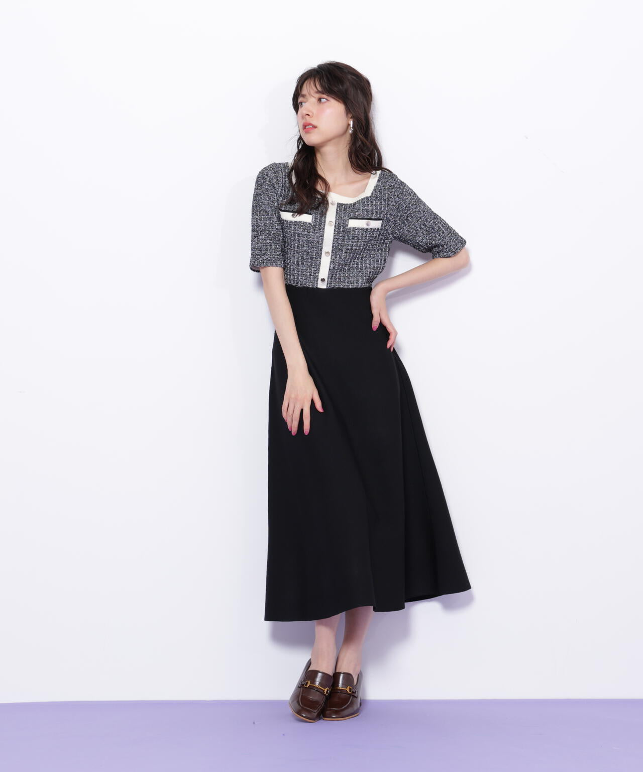 ミックスツイード切替ニットワンピース