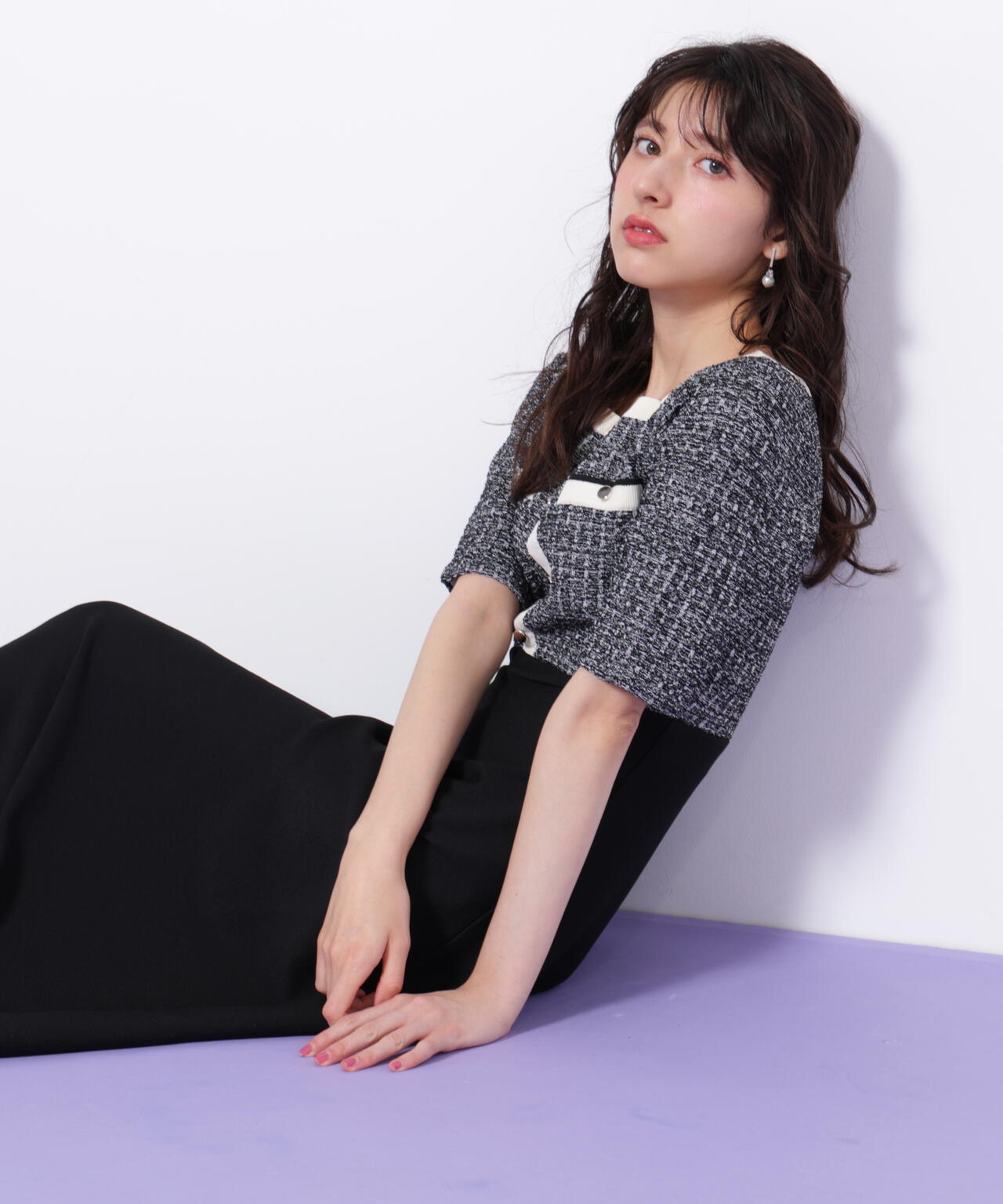 ミックスツイード切替ニットワンピース