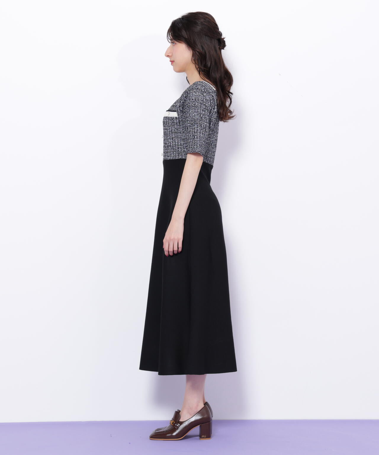 ミックスツイード切替ニットワンピース