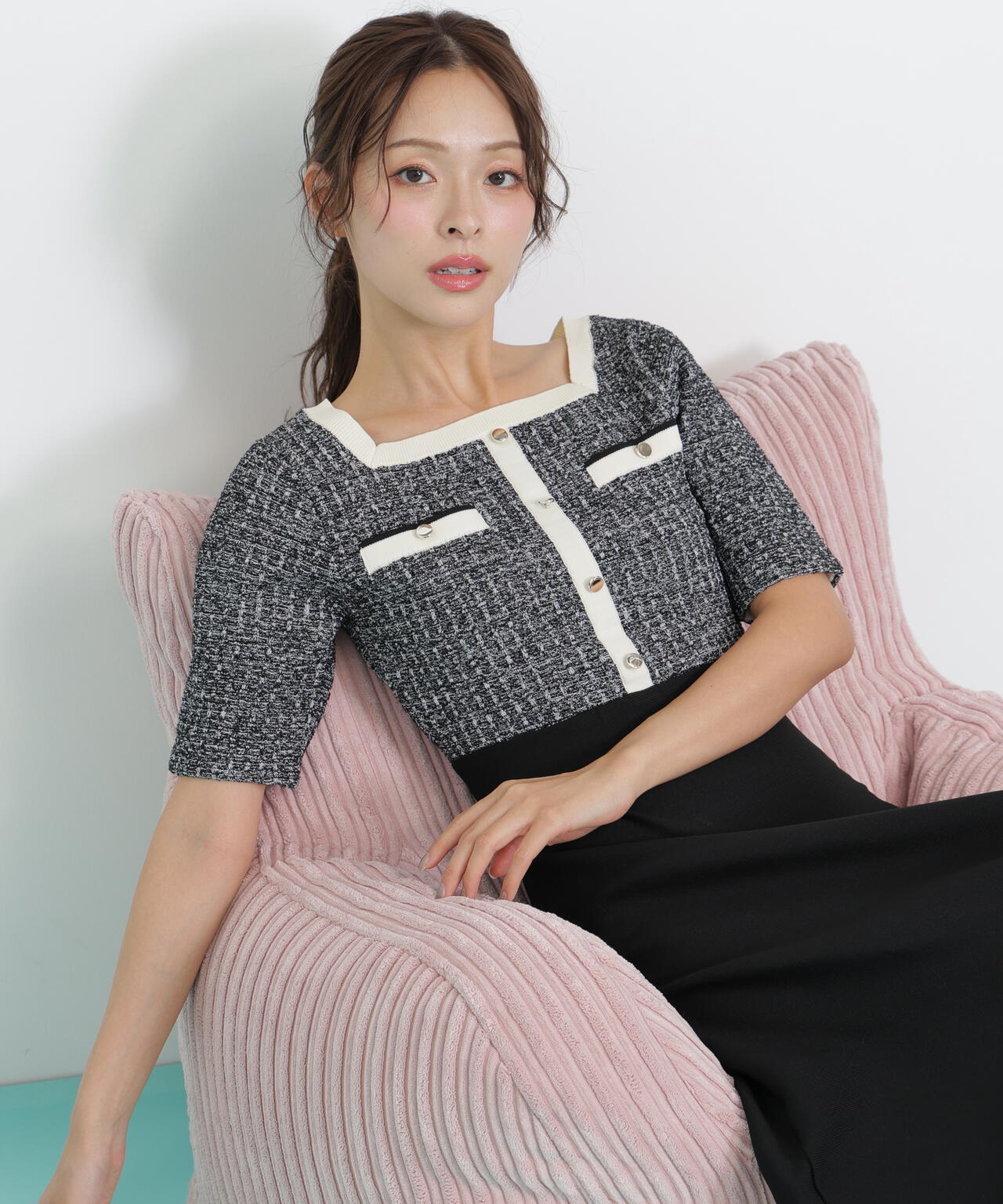 ミックスツイード切替ニットワンピース