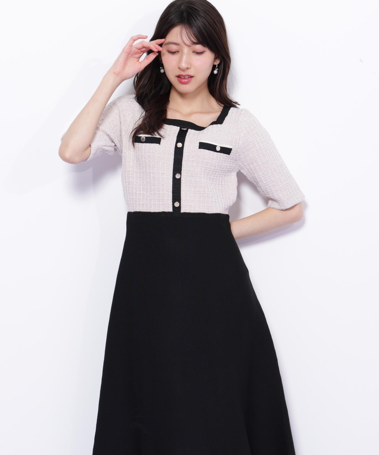 ミックスツイード切替ニットワンピース