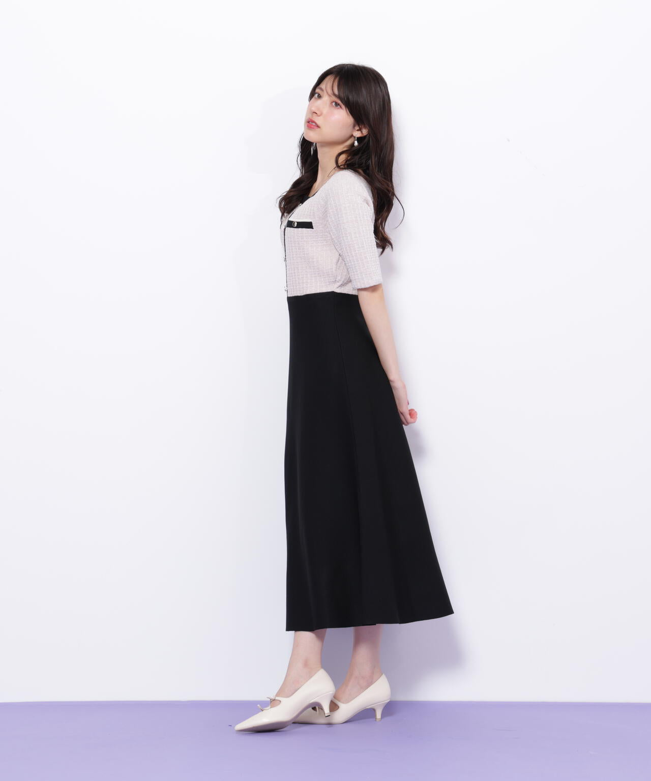 ミックスツイード切替ニットワンピース