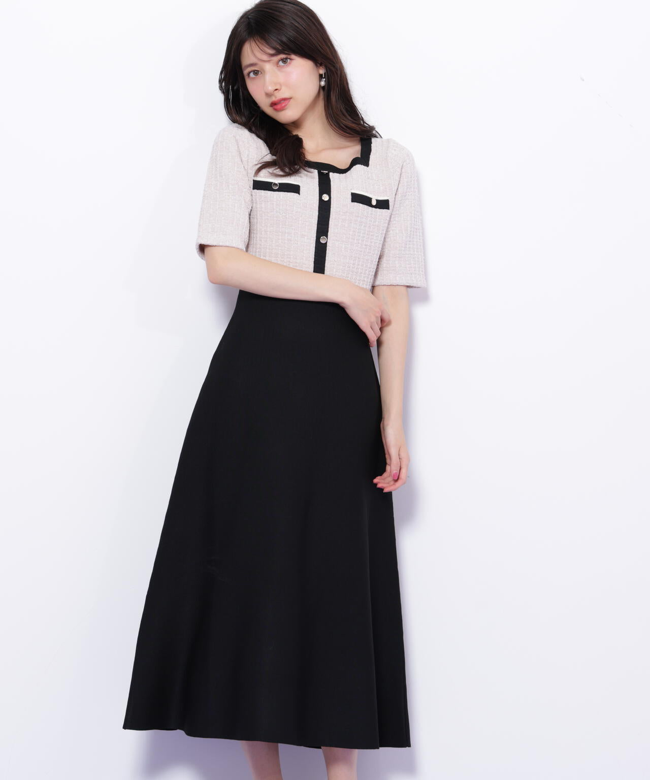 ミックスツイード切替ニットワンピース