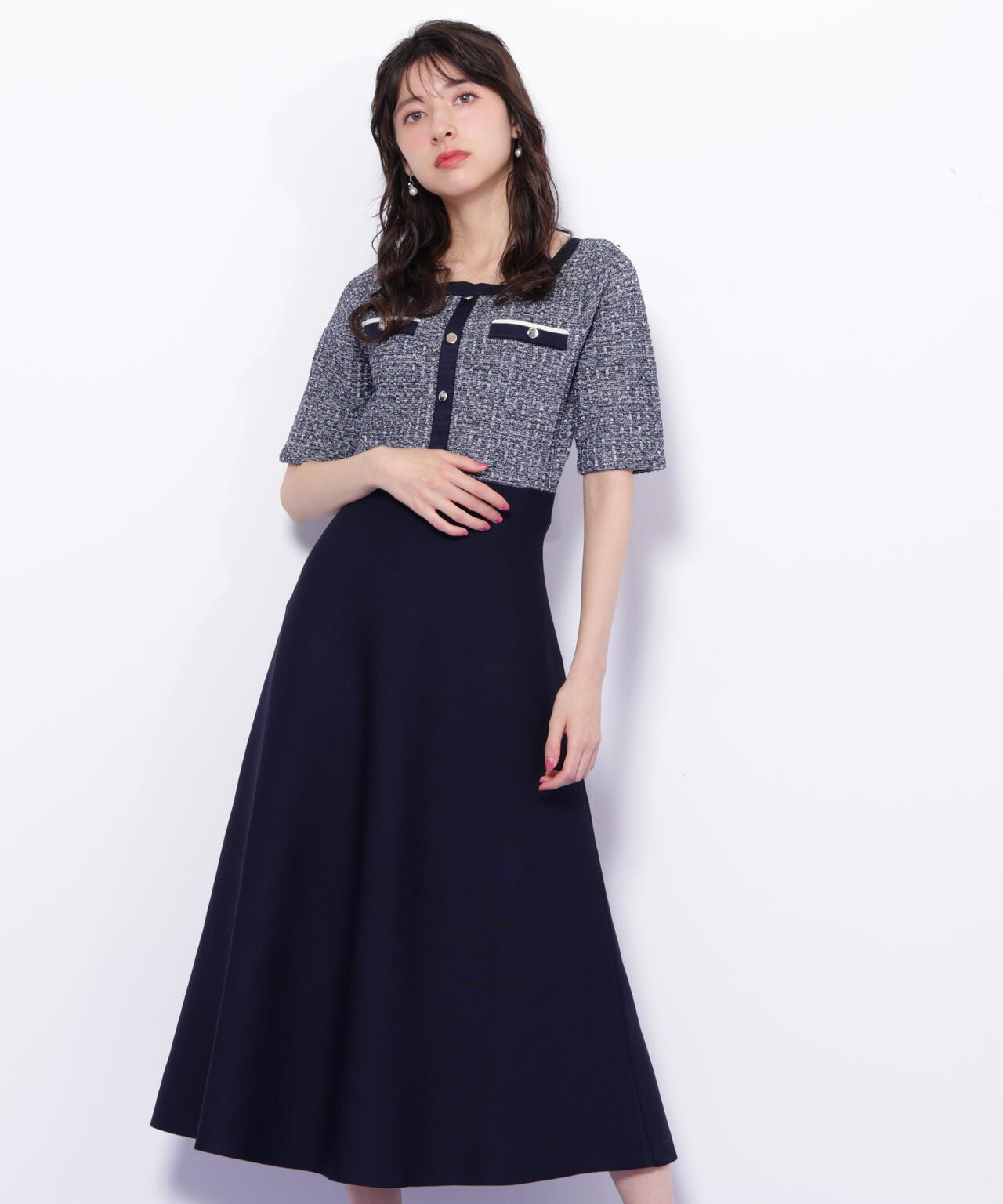 ミックスツイード切替ニットワンピース