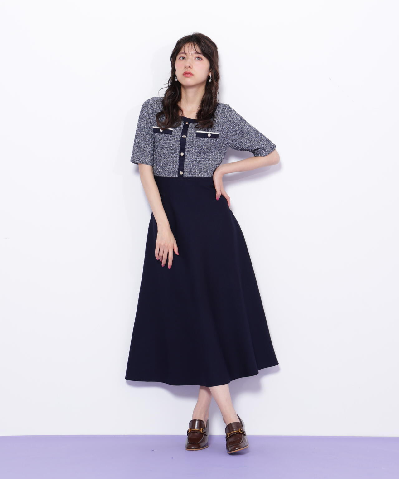 ミックスツイード切替ニットワンピース