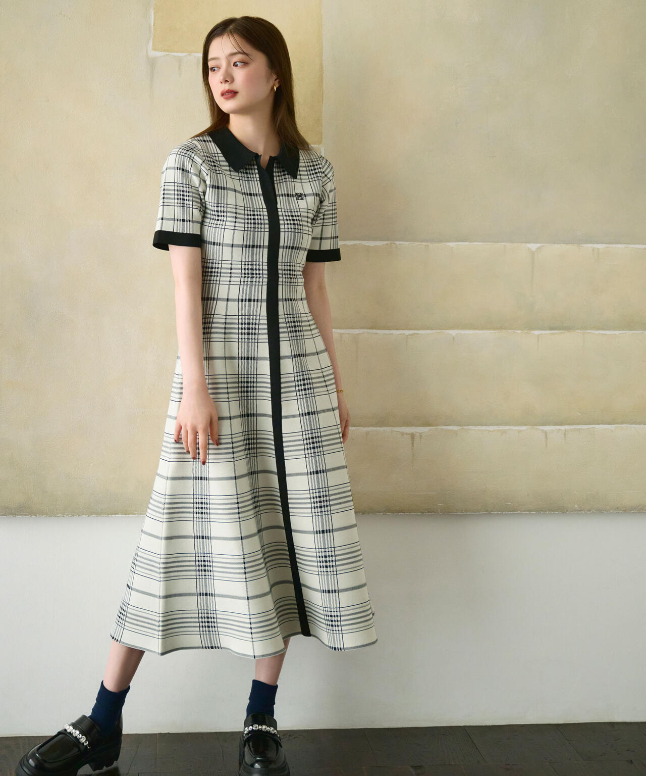 ビッグチェックニットワンピース