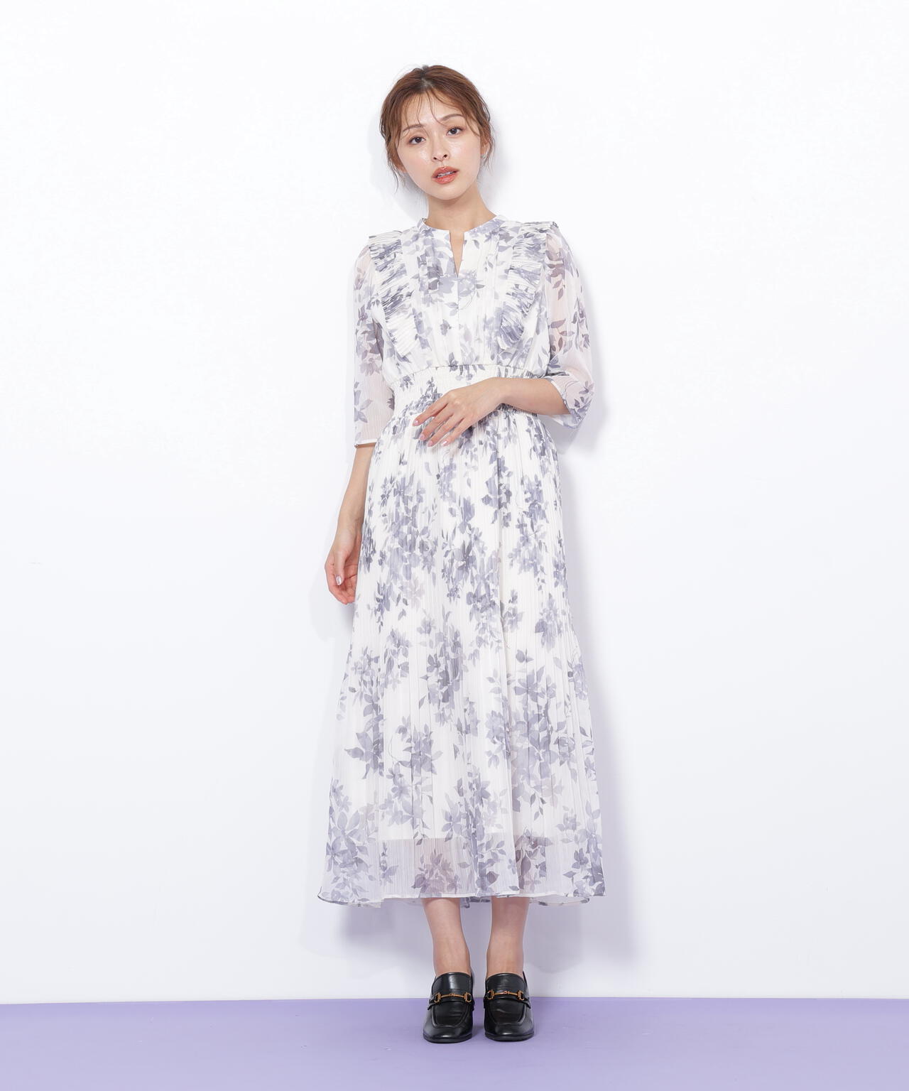 ぼかしフラワープリントワンピース