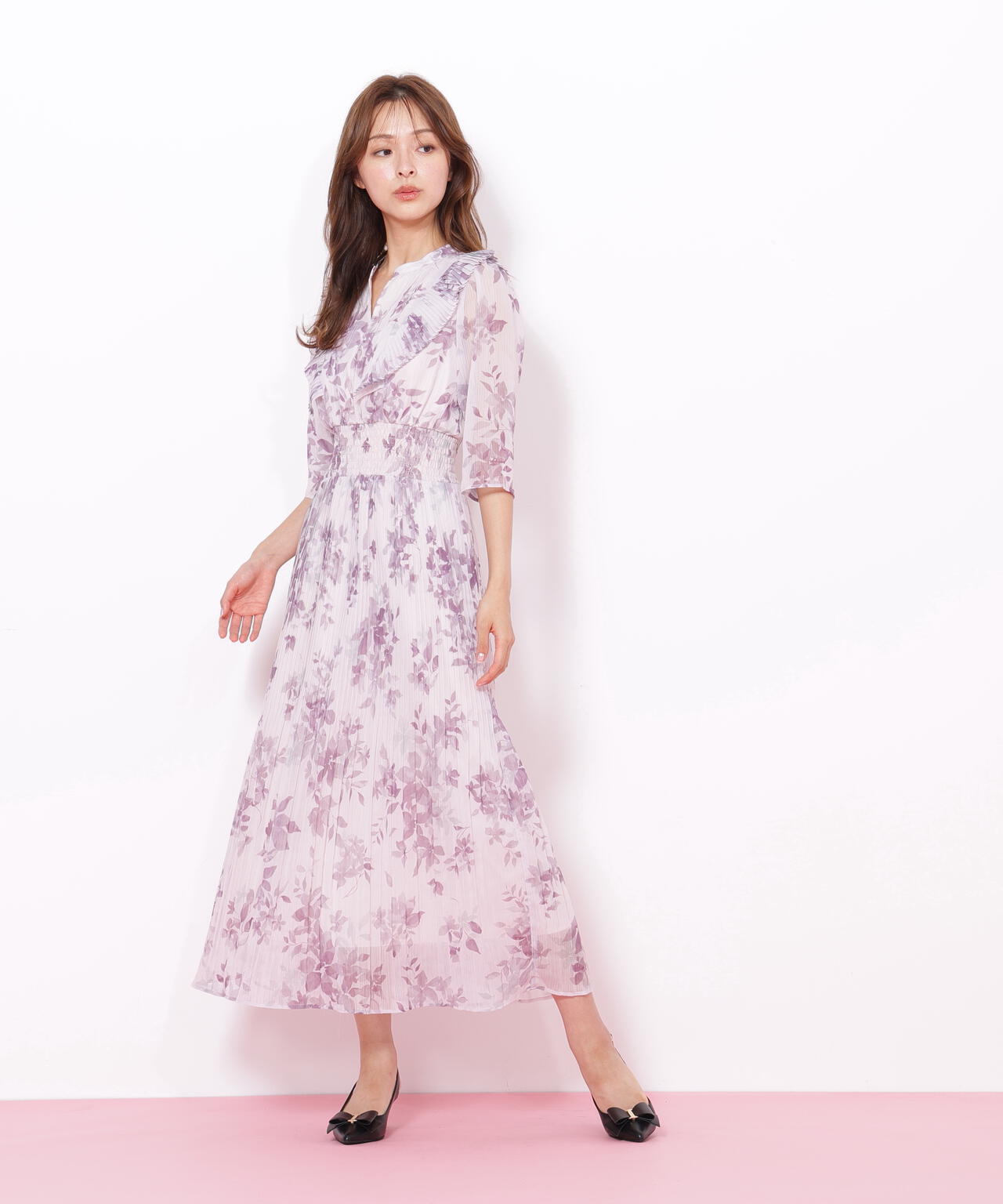 ぼかしフラワープリントワンピース