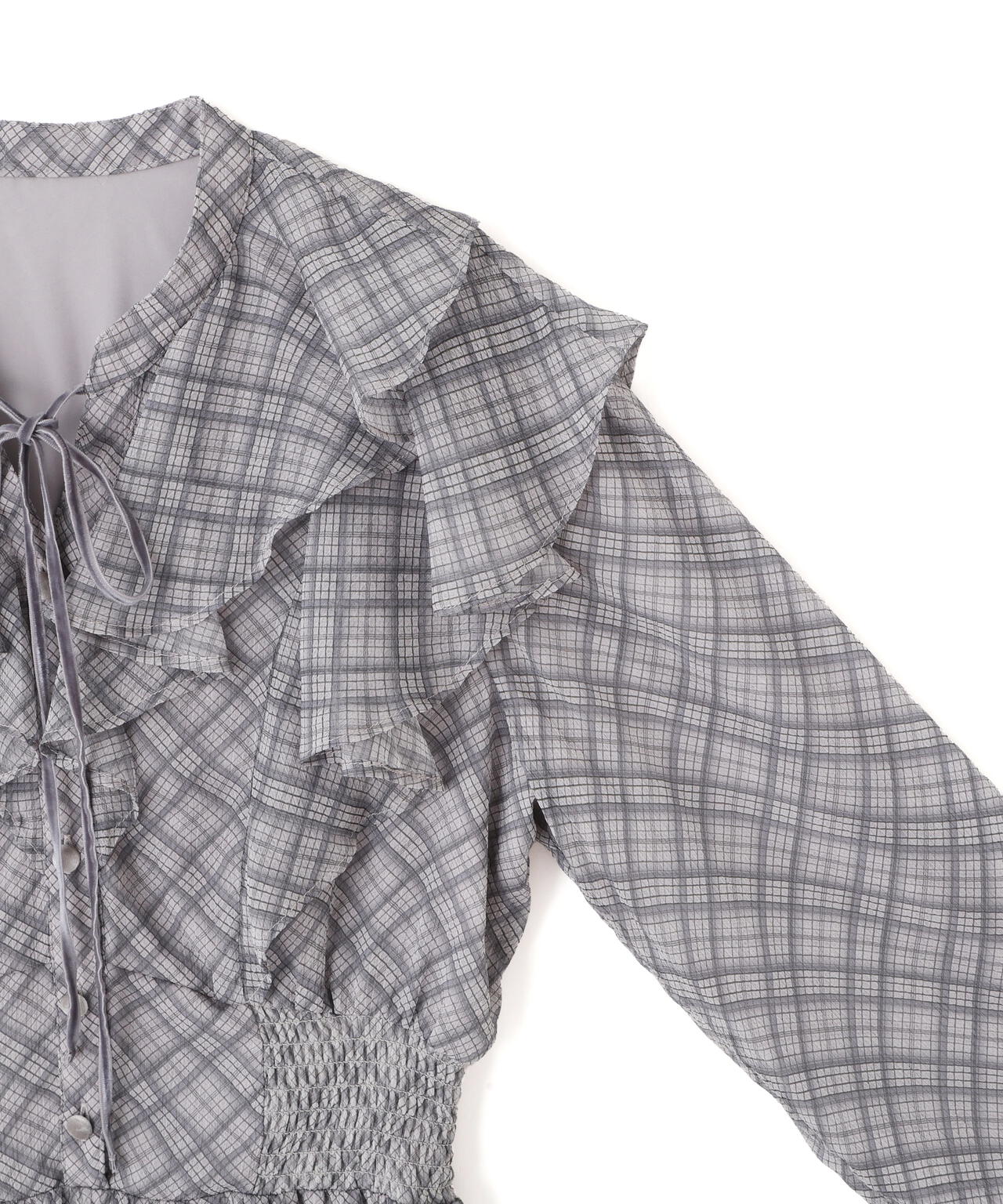 ベロア配色チェックラッフルワンピース