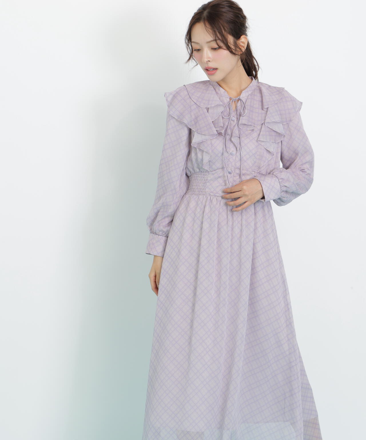 ベロア配色チェックラッフルワンピース