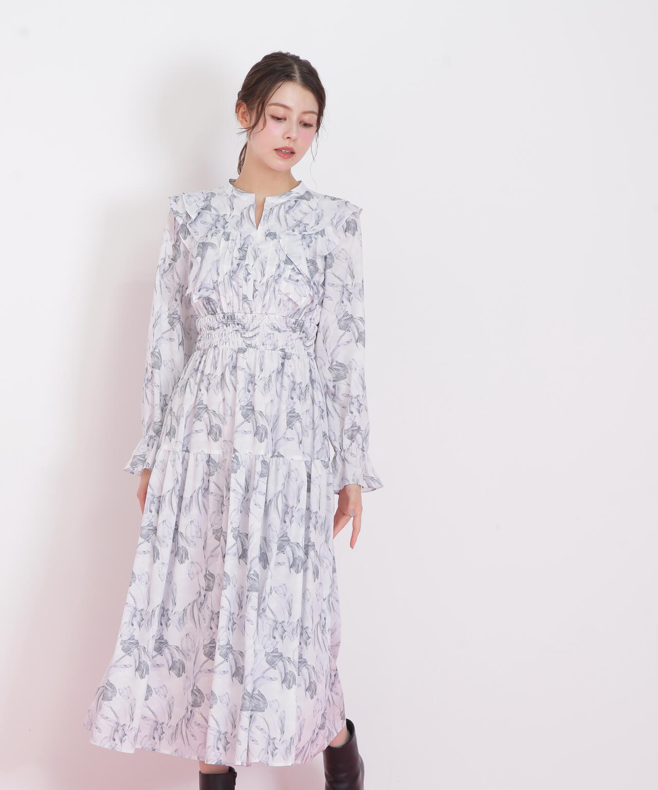 ピンタック花柄ワンピース