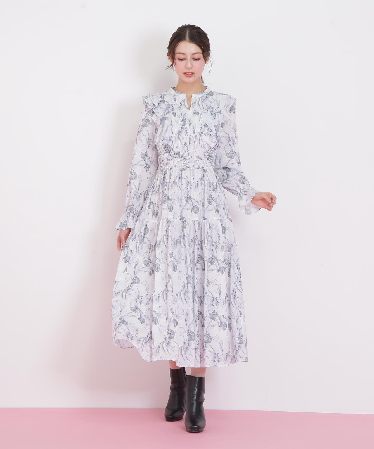 ピンタック花柄ワンピース