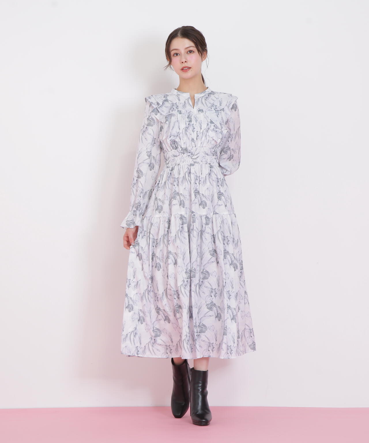 ピンタック花柄ワンピース