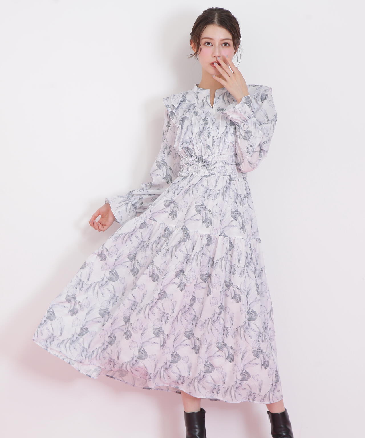 ピンタック花柄ワンピース