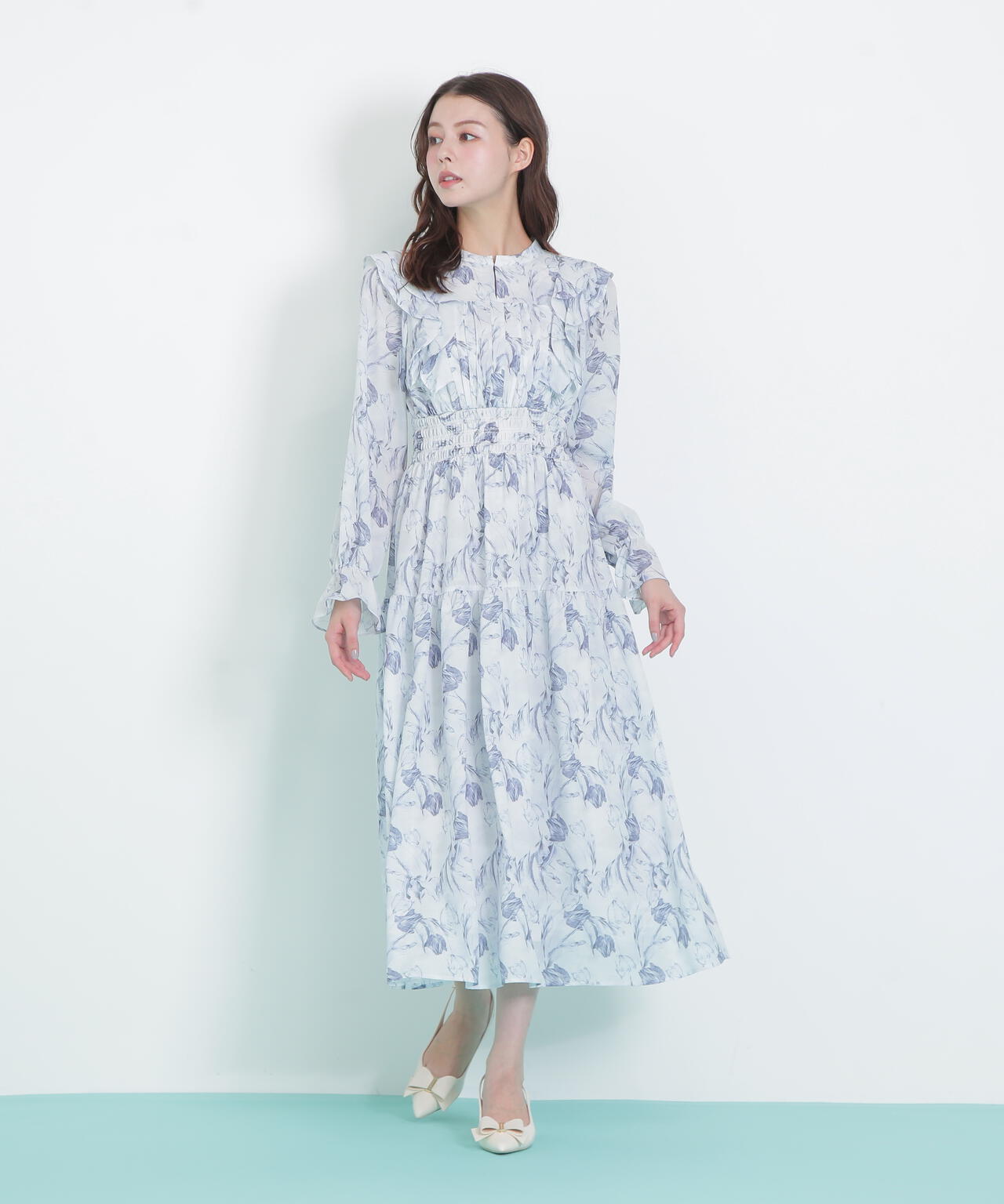 ピンタック花柄ワンピース