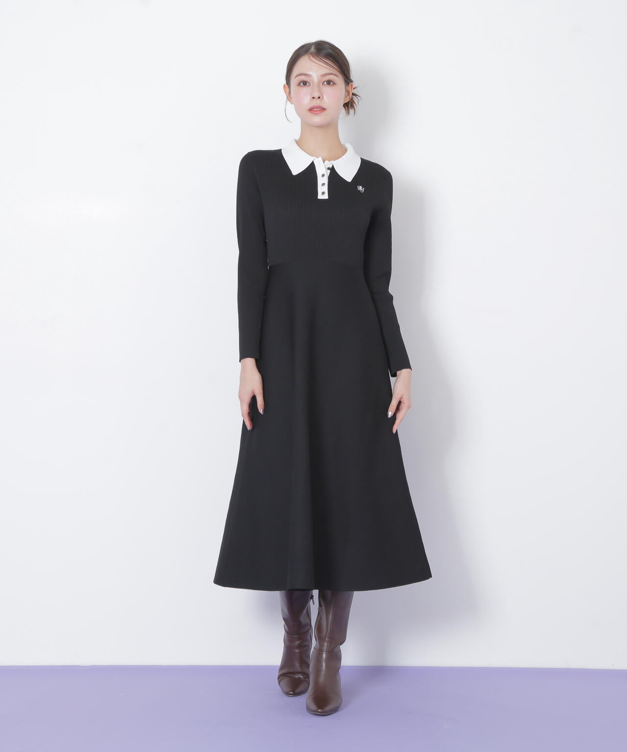 長袖ポロネックニットワンピース
