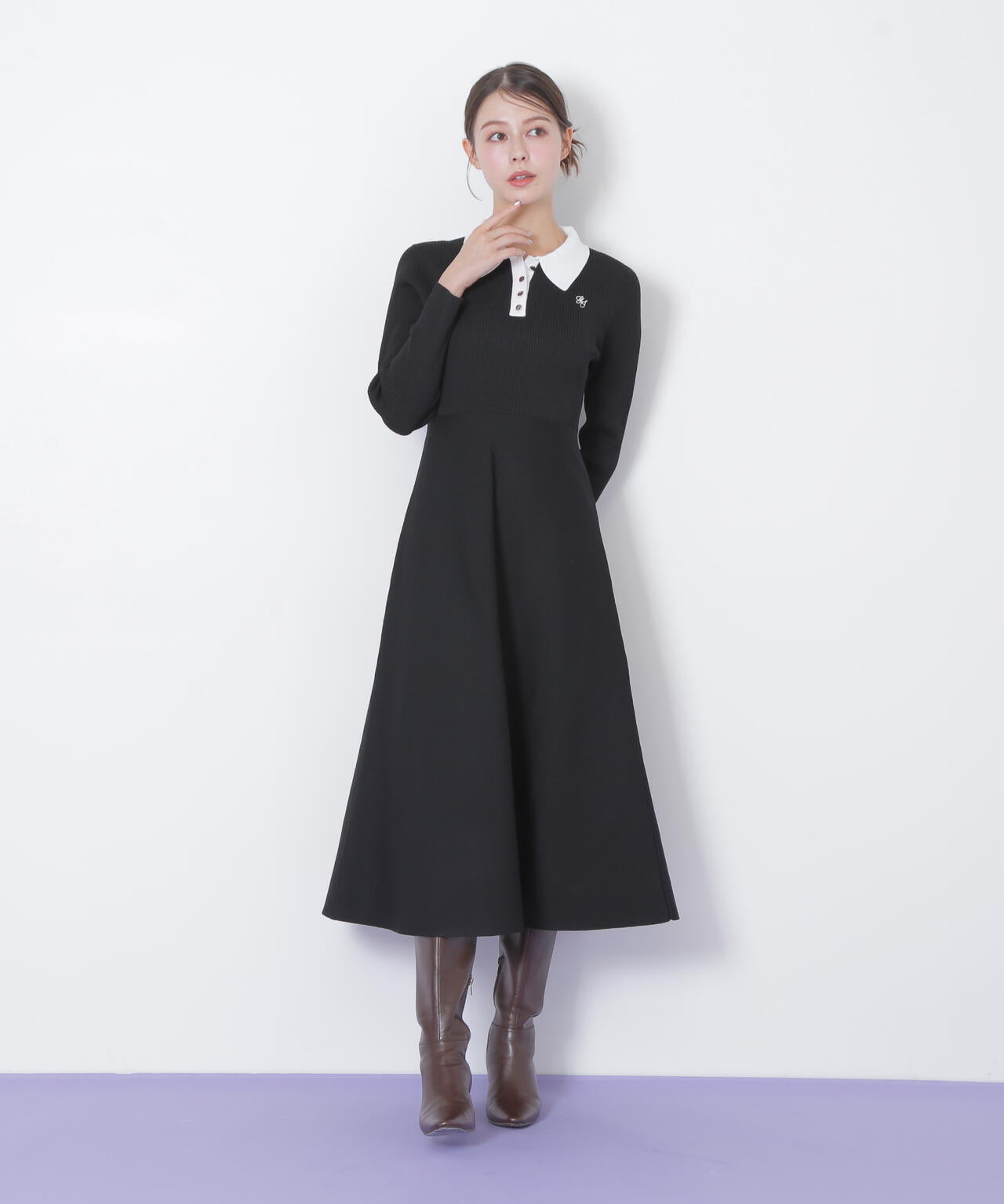 長袖ポロネックニットワンピース