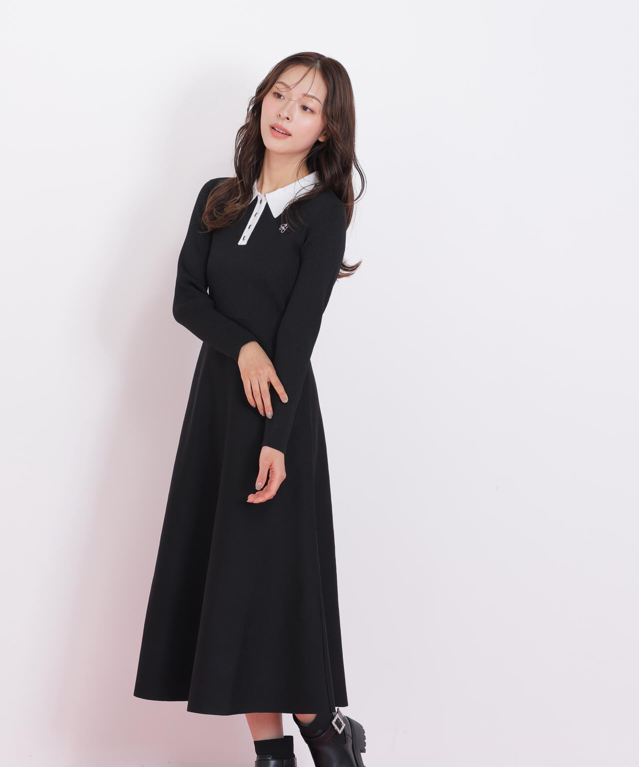 長袖ポロネックニットワンピース