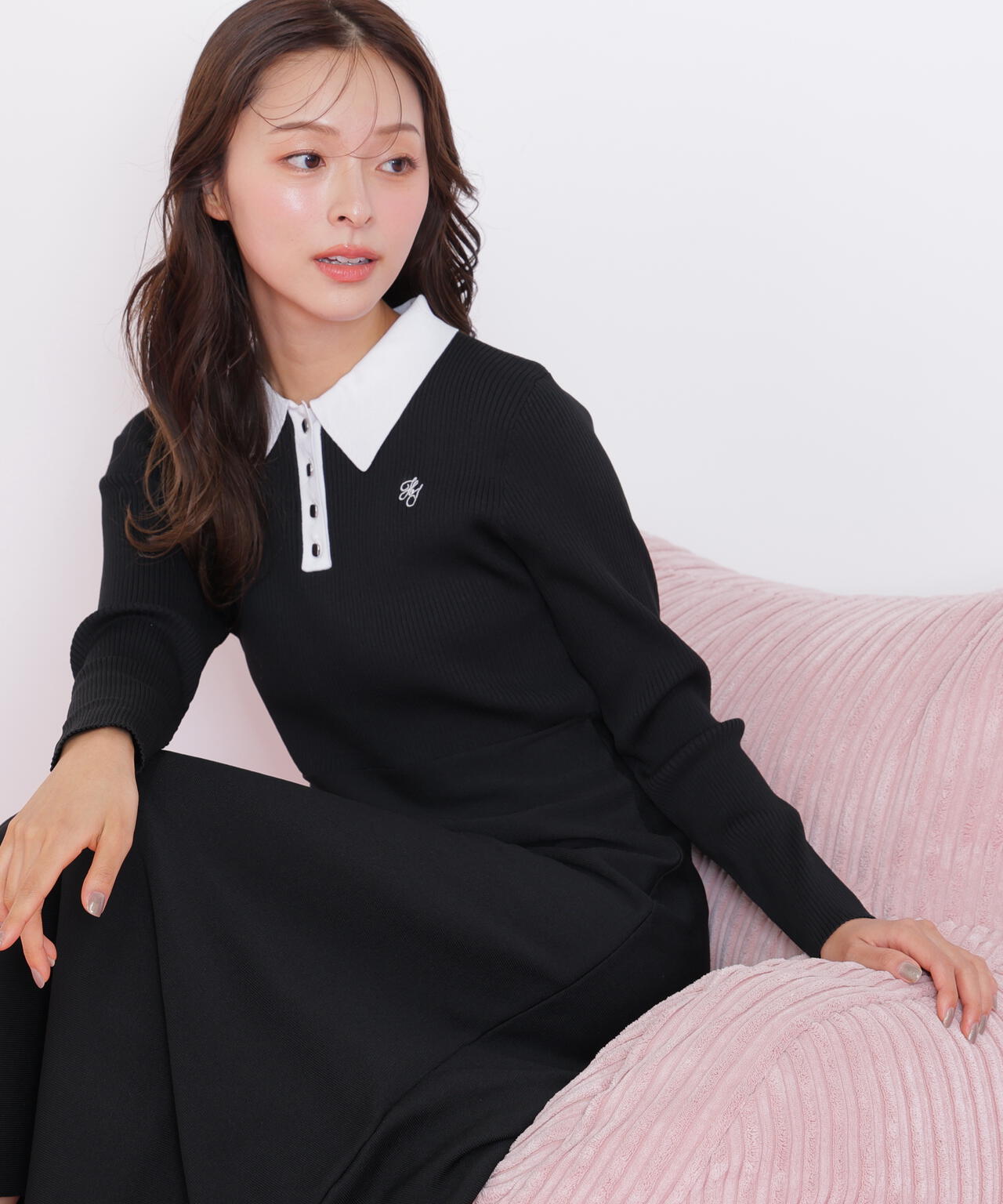 長袖ポロネックニットワンピース