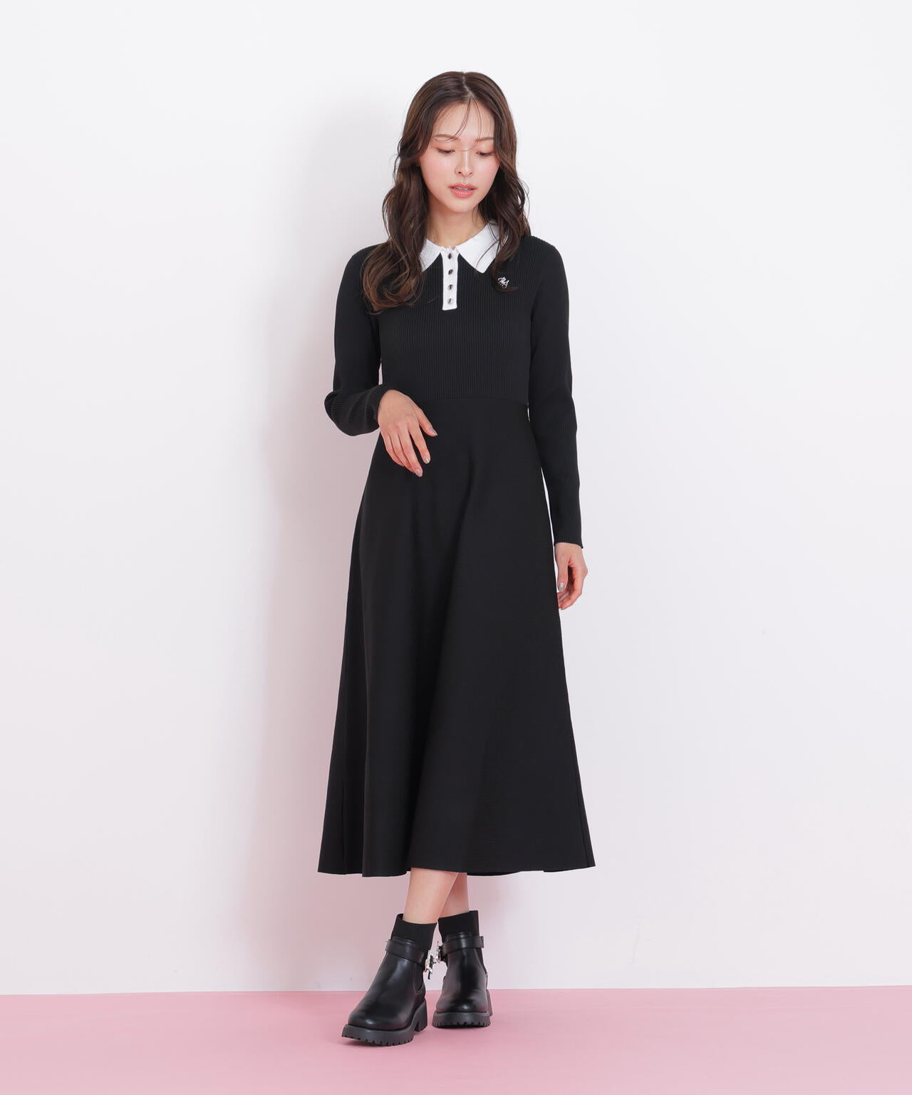 長袖ポロネックニットワンピース