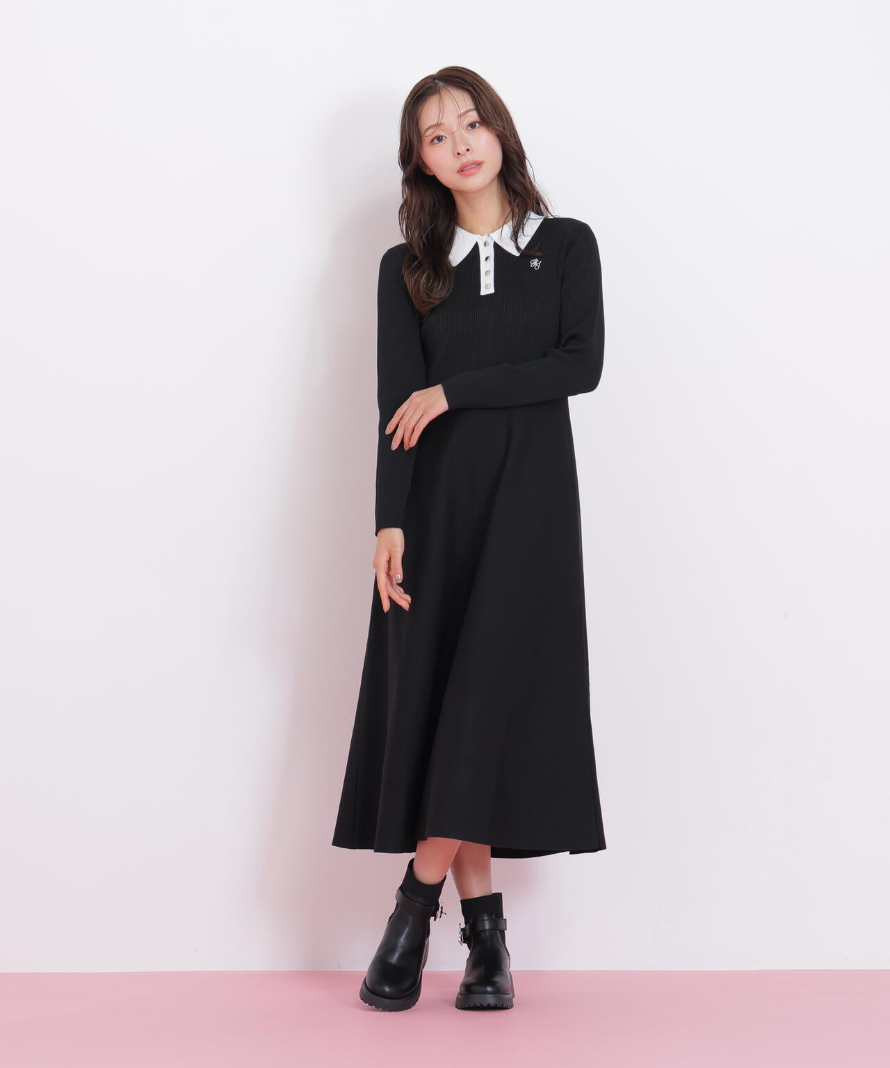 長袖ポロネックニットワンピース