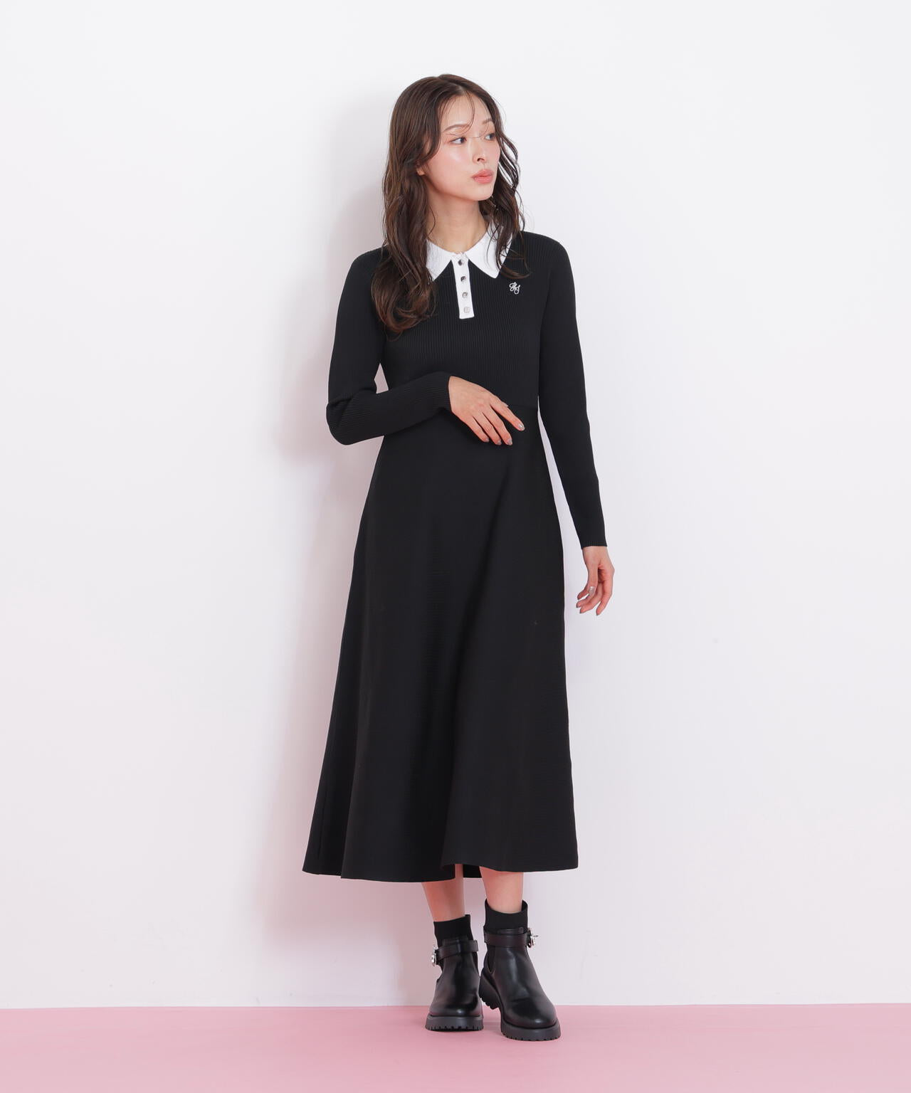 長袖ポロネックニットワンピース