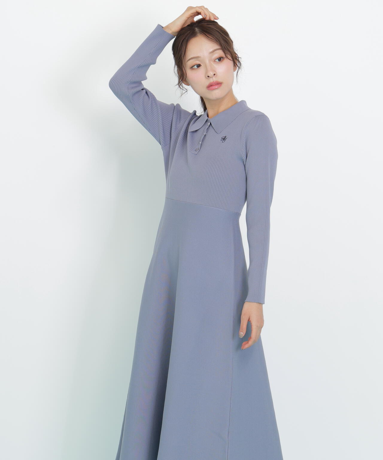 長袖ポロネックニットワンピース