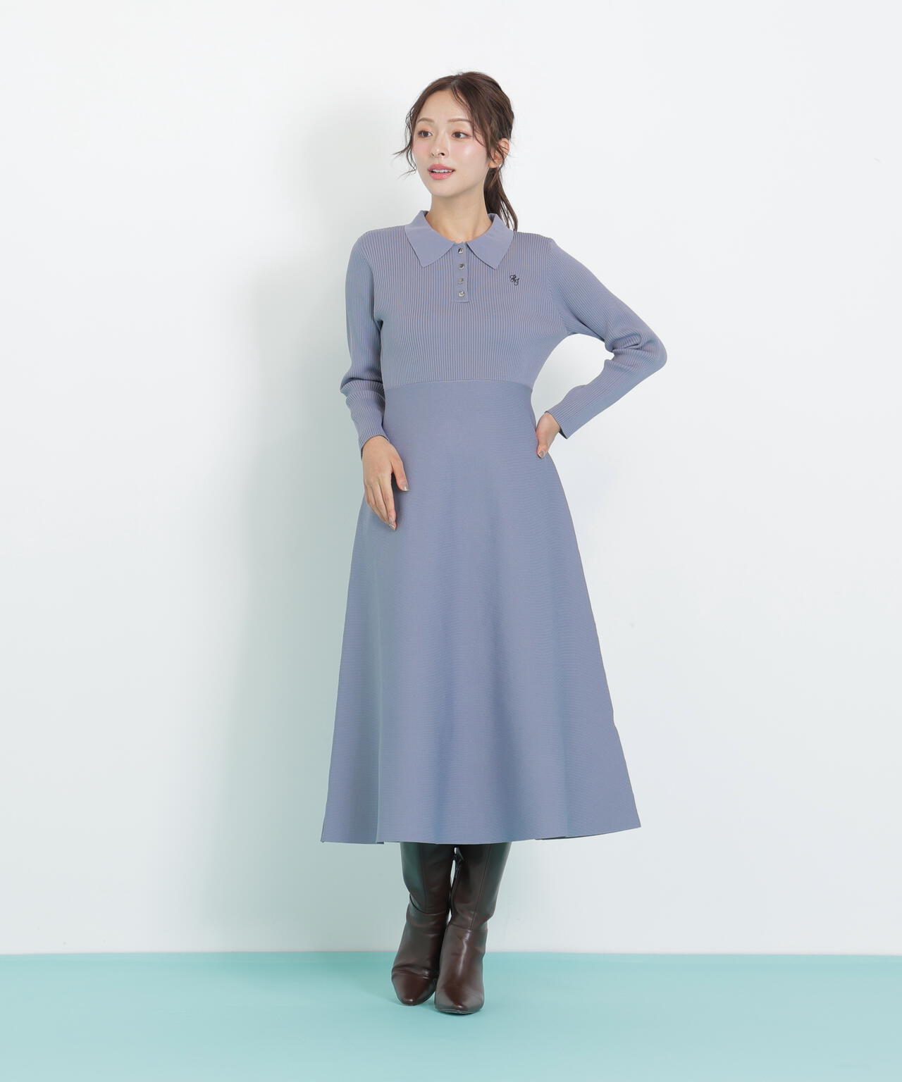 長袖ポロネックニットワンピース