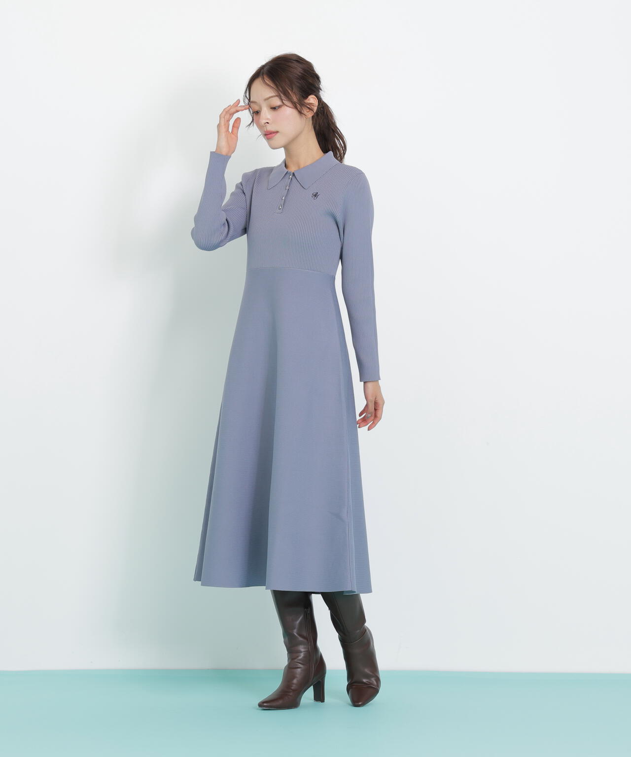 長袖ポロネックニットワンピース