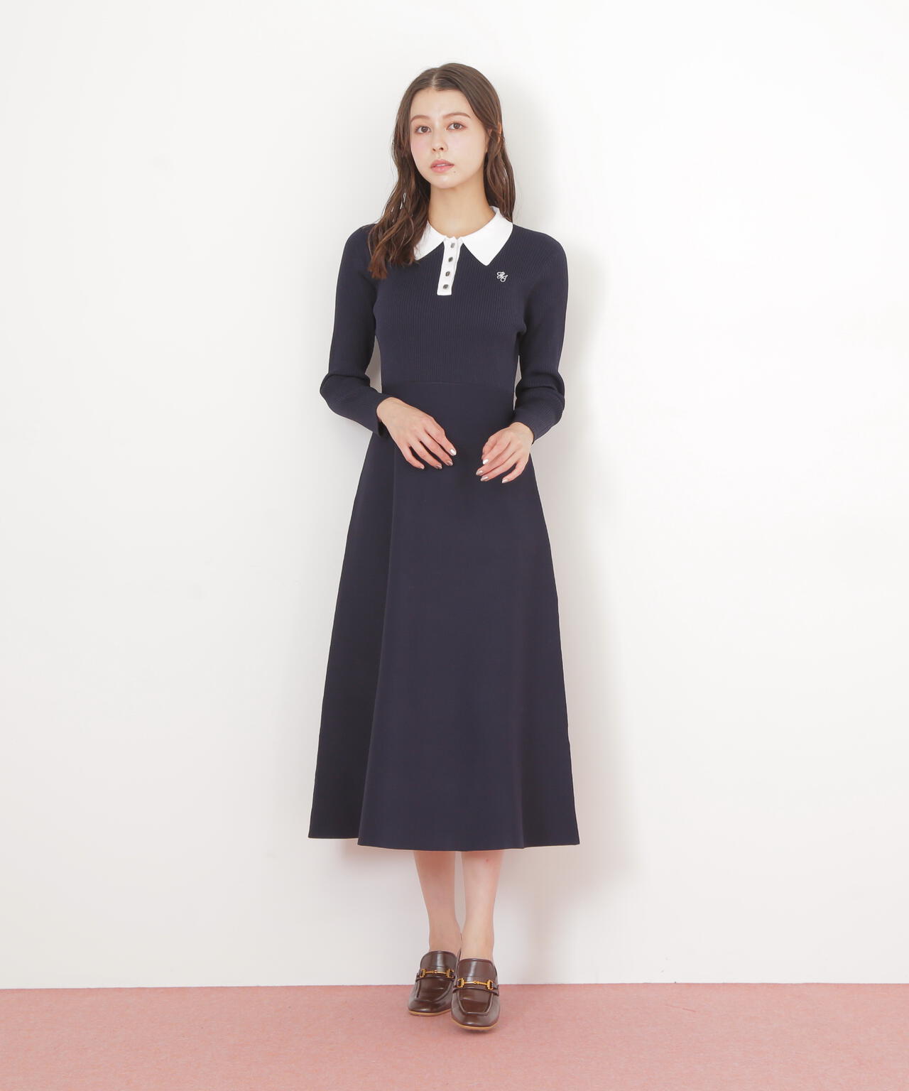 長袖ポロネックニットワンピース