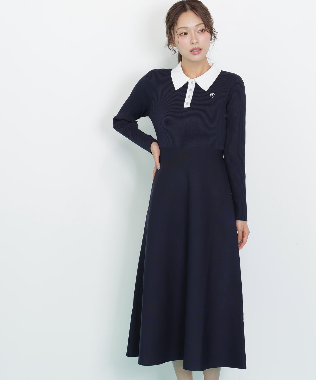 長袖ポロネックニットワンピース