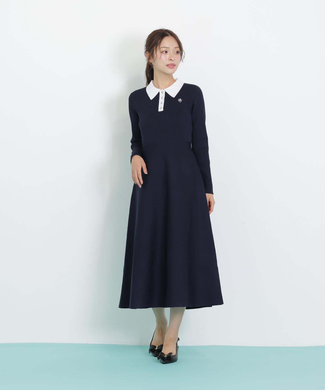 長袖ポロネックニットワンピース