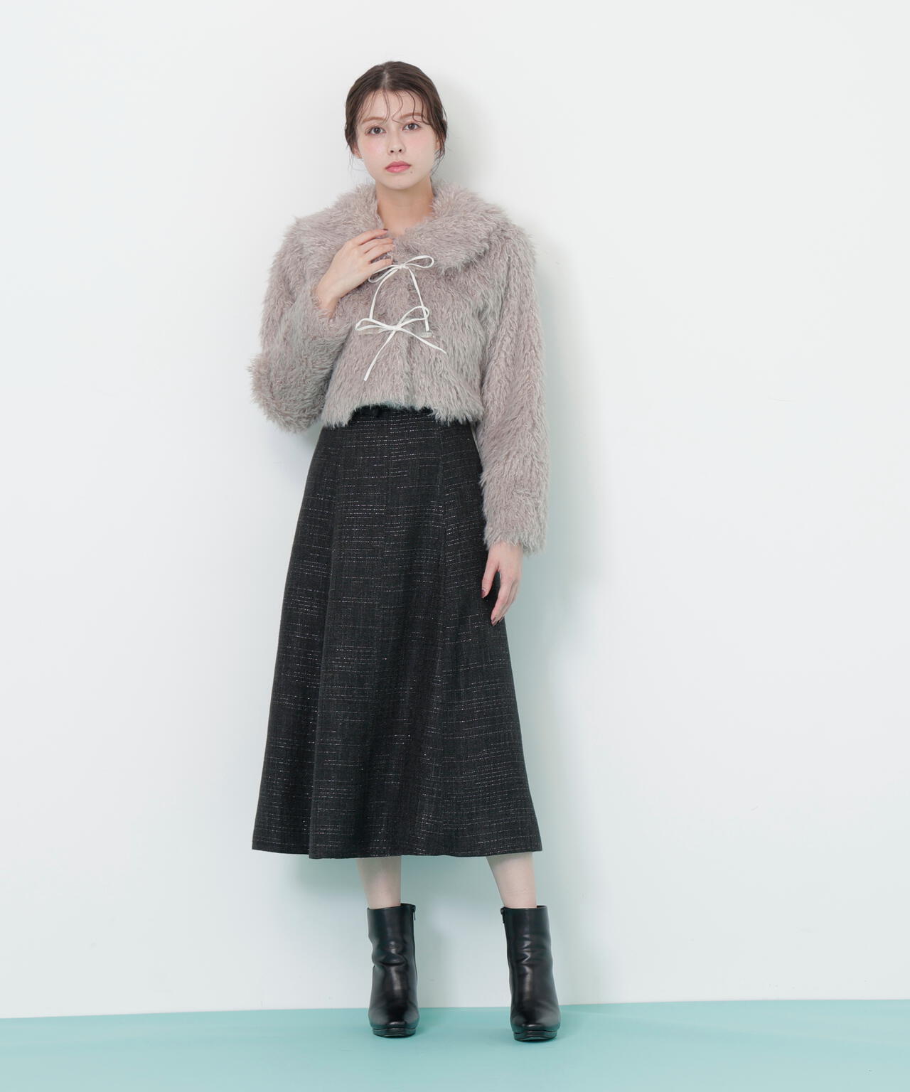 リボンダッフルショートファーコート