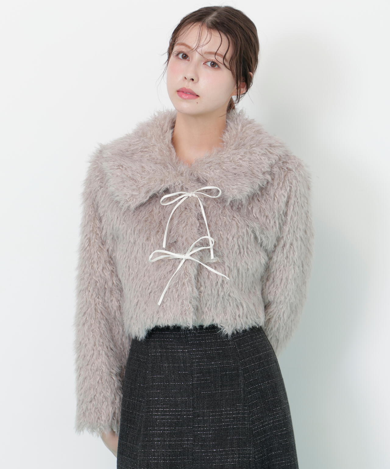 リボンダッフルショートファーコート