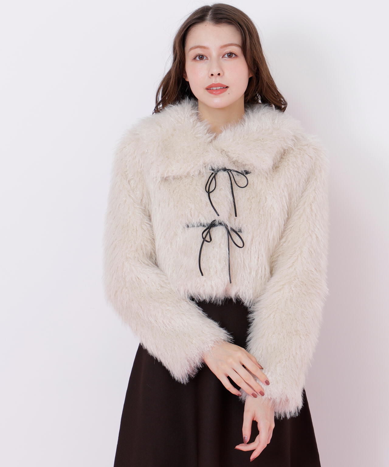 リボンダッフルショートファーコート