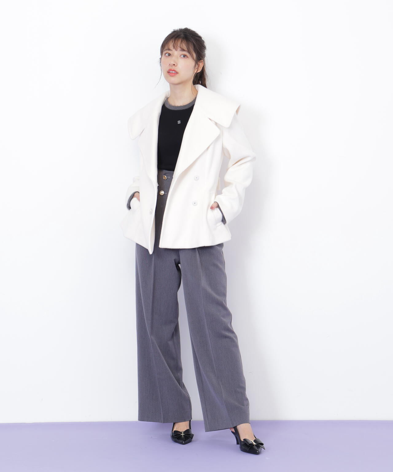 ビジュー釦ビッグカラーショートコート