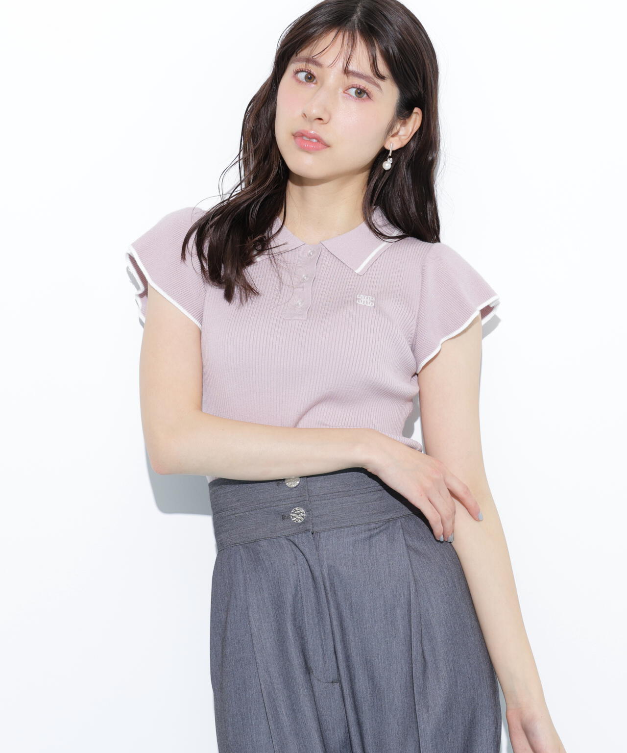 フリル袖ポロニット