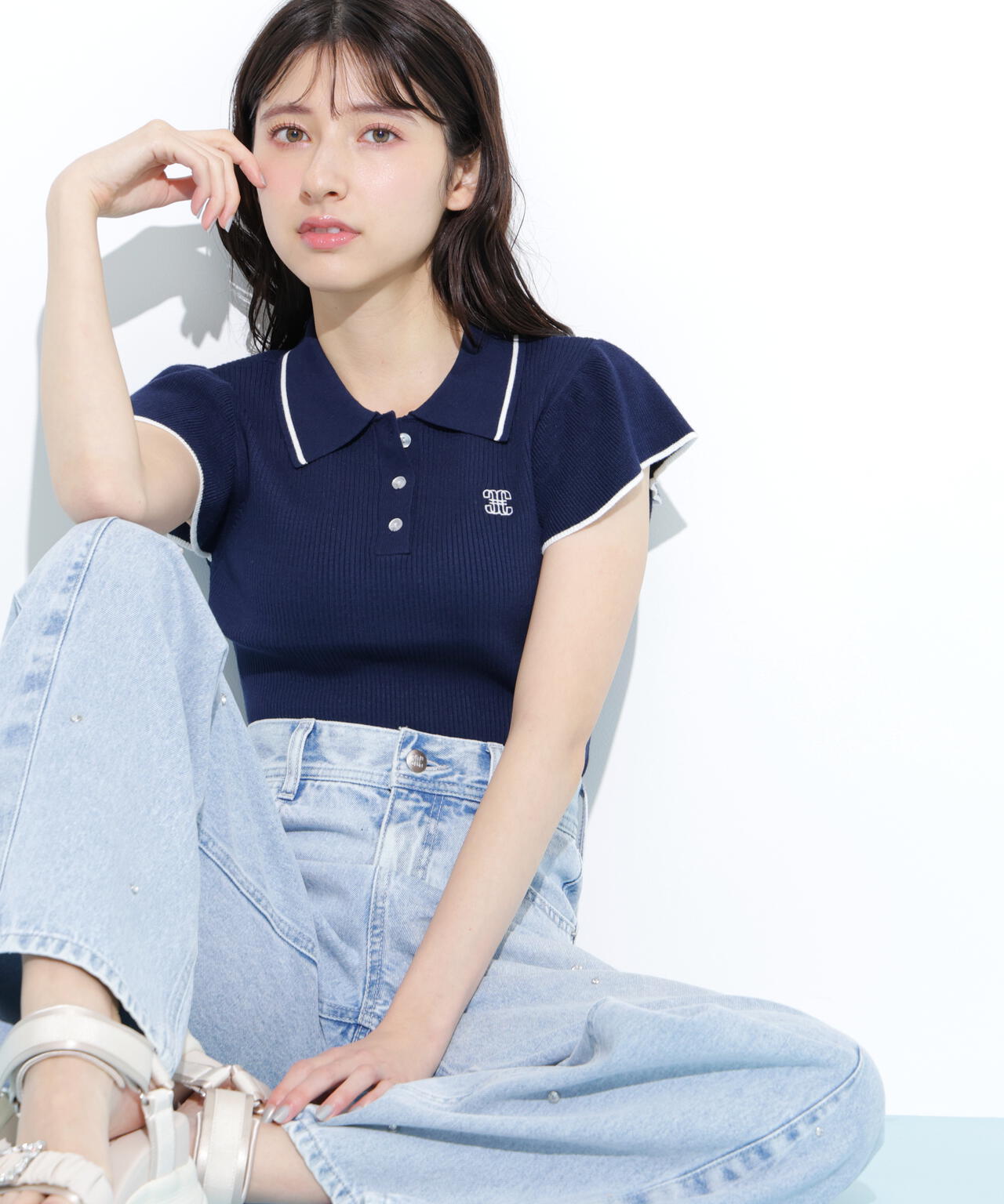 フリル袖ポロニット